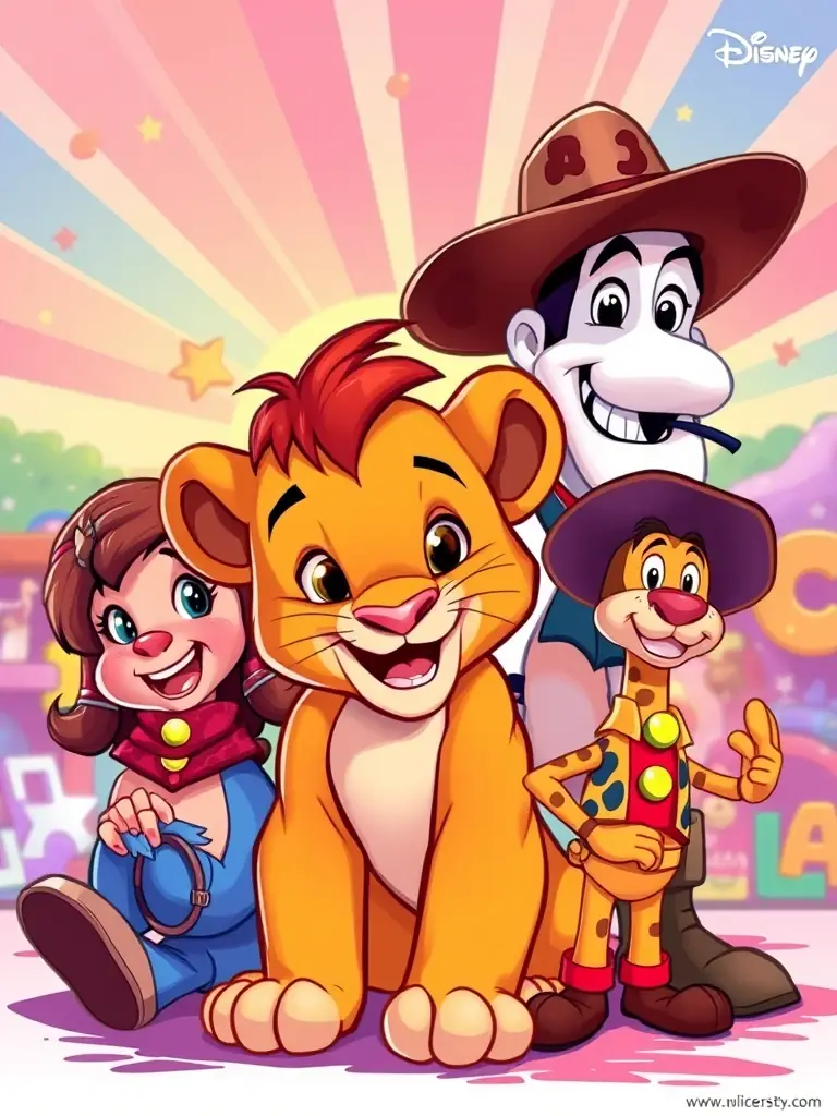 A vibrant image showcasing popular 90s Disney movies like 'The Lion King' and 'Toy Story, ' highlighting the era's animation and cultural impact.
