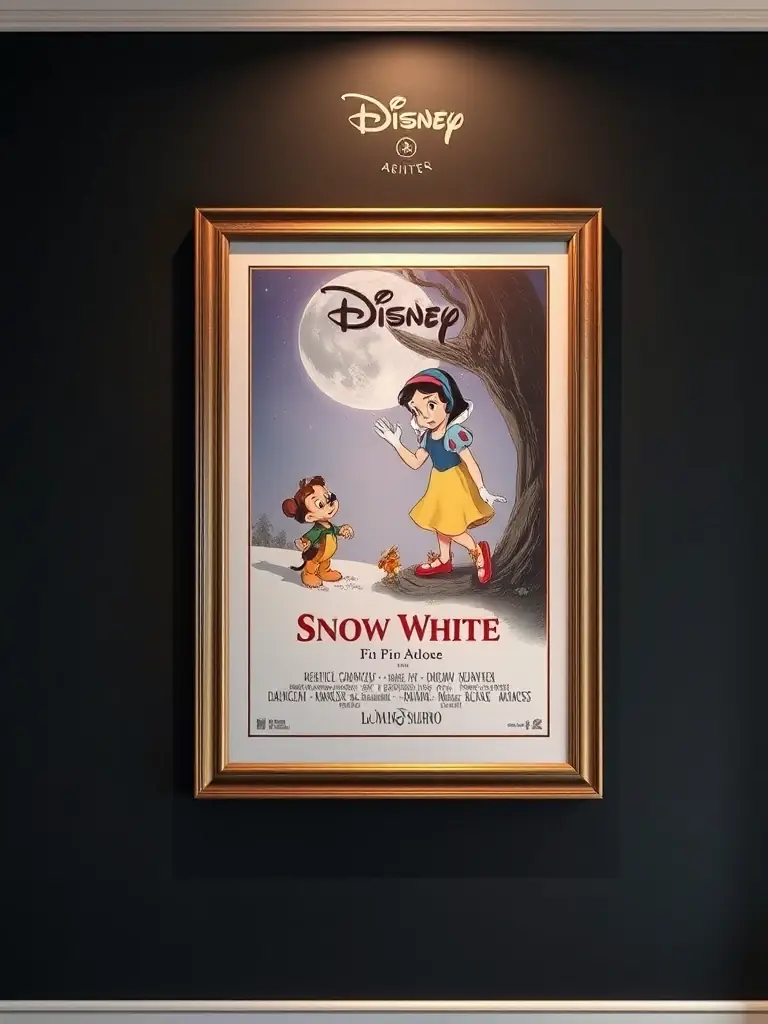 A collector's edition Disney movie poster, framed and displayed against a dark wall. The poster is for a classic animated film like 'Snow White' or 'Pinocchio'.