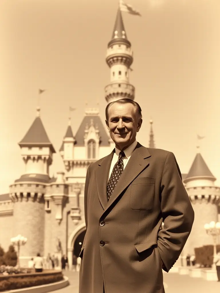 A sepia-toned photograph of Walt Disney standing in front of Sleeping Beauty's castle at Disneyland in the 1950s, capturing the park's early days and classic charm.