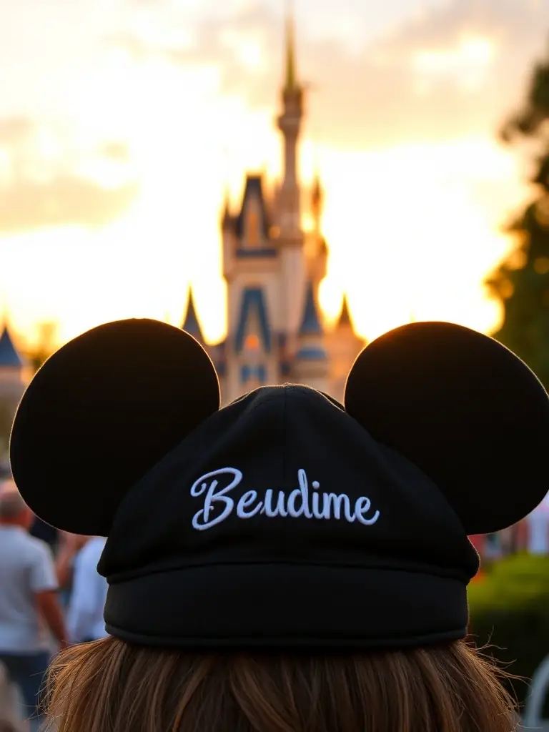 A close-up shot of a classic Mickey Mouse ear hat with a custom embroidered name on the back. The background is a blurred image of Cinderella's Castle at sunset.