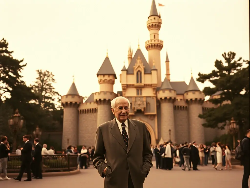 A vintage-style photograph of Walt Disney standing in front of Sleeping Beauty's castle at Disneyland, circa 1950s, with a sepia tone to evoke a sense of nostalgia and history.