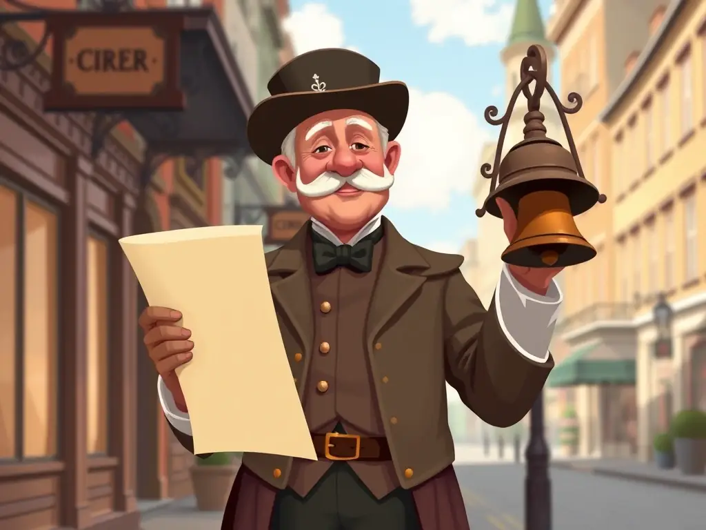 A vintage-style illustration of a town crier holding a scroll, symbolizing the announcement of important policies and information to the community of Main Street Guide.