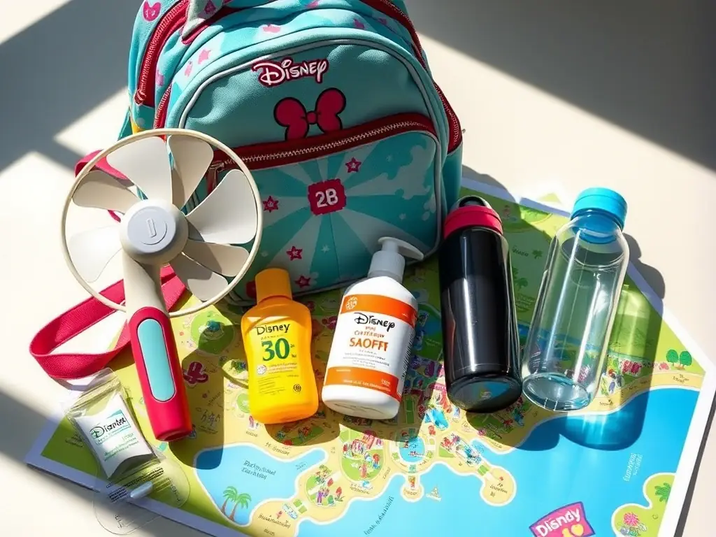 A vibrant image showcasing a variety of park essentials, including a stylish Disney-themed backpack, a cooling fan, sunscreen, and a refillable water bottle, all arranged on a park map background.