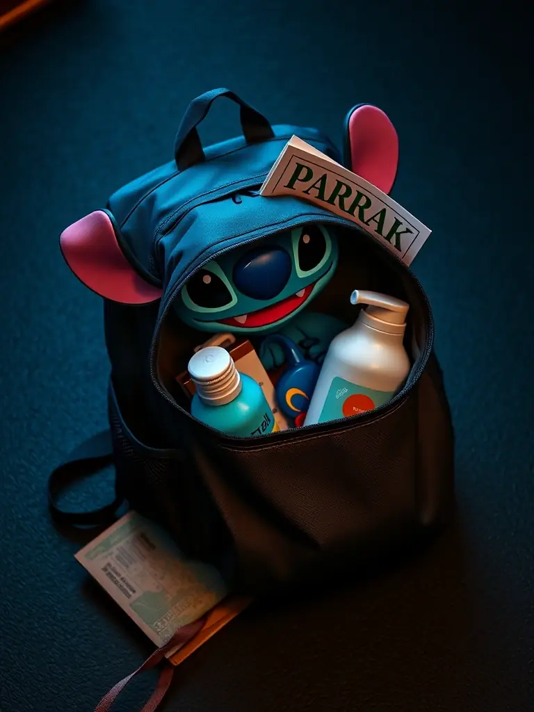 A stylish Disney-themed backpack featuring a popular character like Stitch or Grogu. The backpack is filled with park essentials like water bottles and sunscreen.