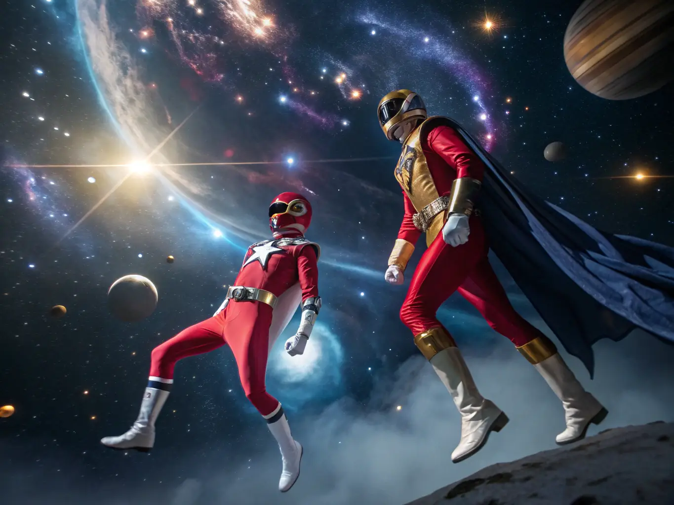 A dynamic illustration featuring characters from Marvel and Star Wars franchises, including Iron Man, Darth Vader, and Rey, set against a cosmic background with planets and stars.